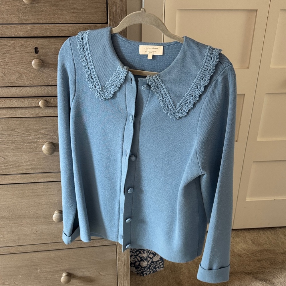 Sezane Betty Blue Cardigan with Lace Collar